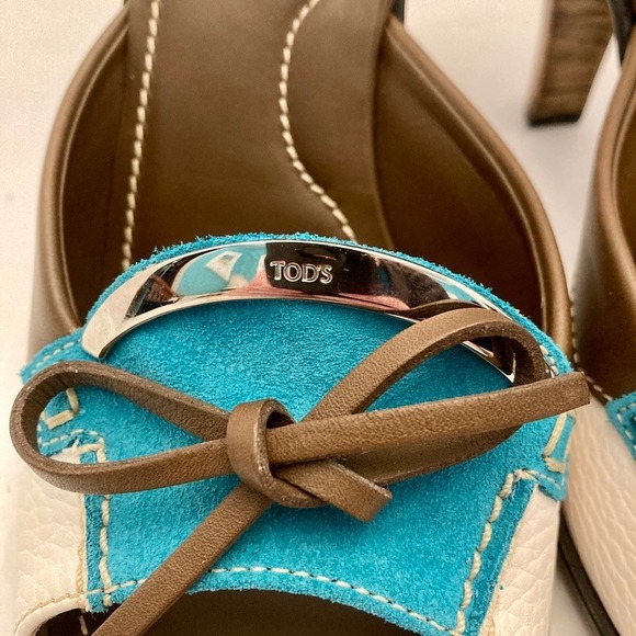 TOD'S Slides Heels Mules Womens 8.5 Brown Blue White Leather Open Toe‎ Slip on - Picture 4 of 11